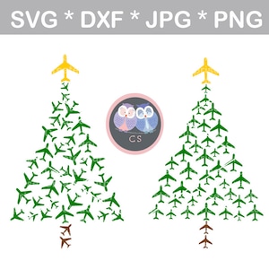 May include: Two green Christmas trees made of airplanes. The top of each tree is a yellow airplane. The trees are on a white background. There is a pink circle with two owls in the middle of the trees. The owls are blue and purple. The circle has the letters "CS" in the middle.