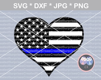 May include: A black and white heart-shaped design with the American flag on the left side and a thin blue line on the right side. The design is on a gray background with a watermark.