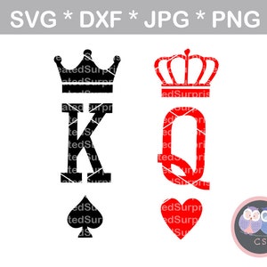 May include: Black and red King and Queen of playing cards with crowns and suit symbols. The King has a spade symbol and the Queen has a heart symbol.