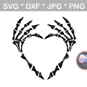 May include: Black silhouette of two skeletal hands forming a heart shape. The hands are stylized with visible bones and joints.
