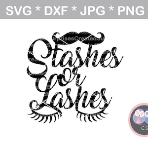 May include: Black and white graphic design with the text "Stashes or Lashes" and a mustache above the text. Two eyelashes are below the text. A small pink circle with two owls in it is in the lower right corner.