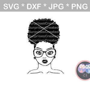 May include: Black and white silhouette of a woman with an afro hairstyle wearing glasses.