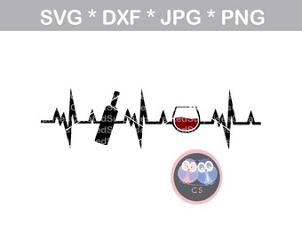 Vinho, Copo, garrafa, Batimento cardíaco, svg, dxf, png, jpg arquivo de corte digital para máquinas de corte, pessoal, comercial, Silhouette Cameo, Cricut