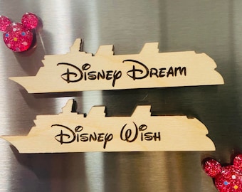 Disney Cruise Ship shaped refrigerator magnet - laser engraved maple wood - Wish, Dream, Wonder, Treasure, Magic, Fantasy - fish extender