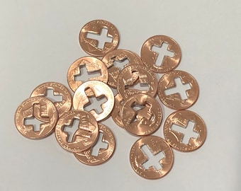 50 Cross cut out pennies - Uncirculated or mixed years- wedding, birth, first communion, graduation, vbs vacation bible school penny