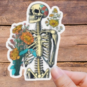 Skeleton Sticker, Floral Sticker, Skull Sticker, Feminine Skeleton Sticker, Cute Sticker, Gift for Her, Flower Sticker, Skeleton and Flowers