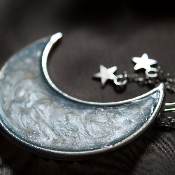 Barrette "Eclat de Lune" - Barrette cheveux nacrée avec deux pendants étoiles, poétique et original