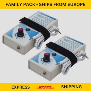 May include: Two medical devices with a light gray casing, blue and white face, and a black strap. Each device has a red knob, a small black button, and a white cable with two plugs. The text "FAMILY PACK - SHIPS FROM EUROPE" is at the top.