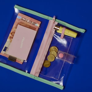 Könnte beinhalten: Eine transparente Geldbörse mit hellgrünem Rand, die Banknoten, eine rosa Karte, Münzen und ein gelbes Feuerzeug mit einem rosa Band enthält. Die Geldbörse befindet sich auf blauem Hintergrund.