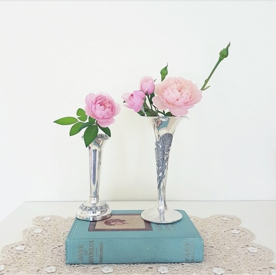 2 Vintage Silver Plated Rose Bud Vases Vintage Elegant Etsy