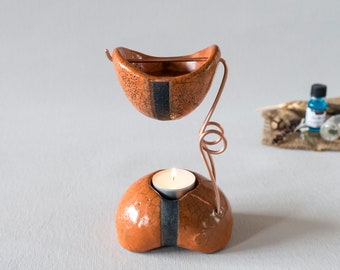 Ceramic Handmade, Essential Oil Burner, Oil Warmer, Oil Diffuser, Wax Melter, Orange Black, Crackled Smoked, Unique Design, One Of A Kind.