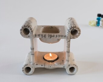 Ceramic Handmade, Essential Oil Burner, Raku Fired, White Crackled, Oil Warmer, Oil Diffuser, Wax Melter, One Of A Kind, Aromatherapy Device