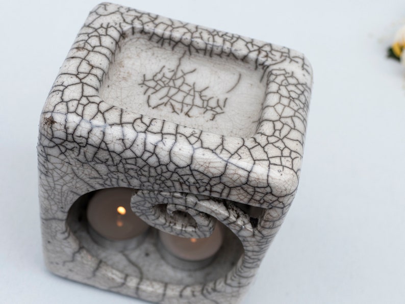 Essential Oil Burner, Ceramic Handmade, Raku Fired, White Crackled, Oil Warmer, Oil Diffuser, Wax Melter, One Of A Kind, Spiral Aromatherapy image 5