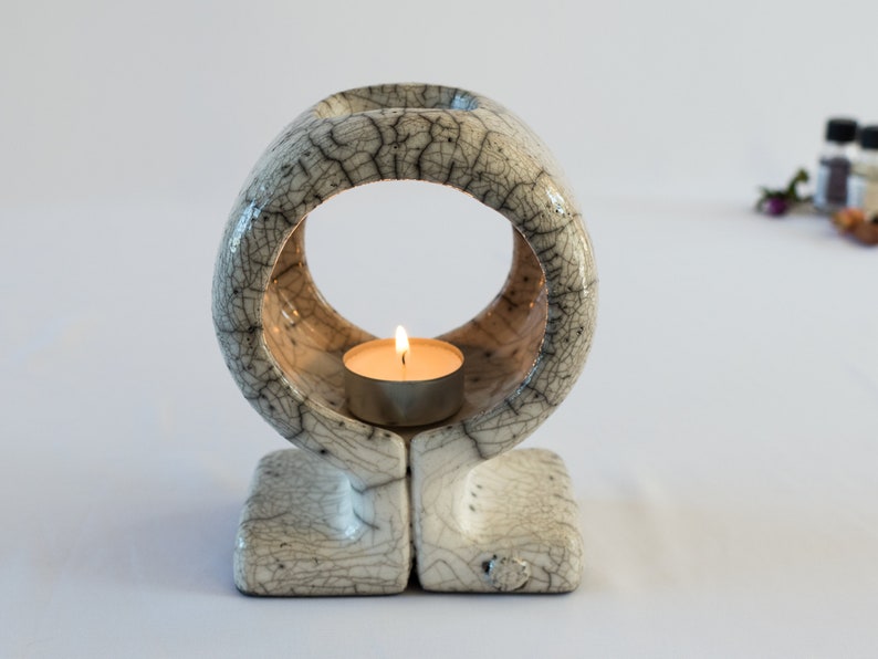 Omega, Essential Oil Diffuser, Raku Fired, Oil Burner, Ceramic Handmade, White Crackled, Oil Warmer, Wax Melter, One Of A Kind, Aromatherapy image 1