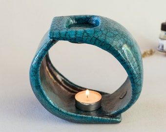 Essential Oil Burner, Ceramic Handmade, Raku Fired, Blue Bronze Crackled, Oil Warmer, Oil Diffuser, Wax Melter, One of a kind, Aromatherapy.