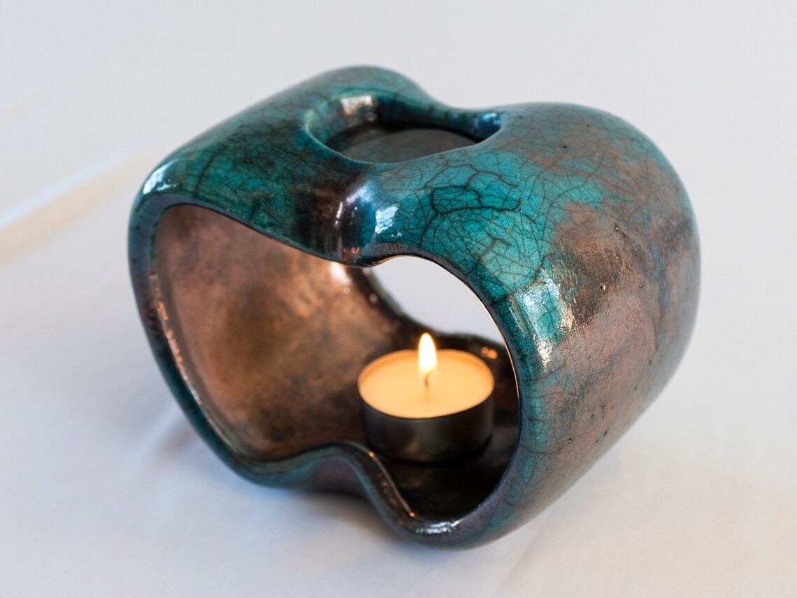 Raku Fired Essential Oil Burner Ceramic Handmade Blue Etsy