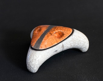 Jewelry Box, Ceramic Handmade, Lidded Box, Raku Fired, Trinket Box, White Crackled, Orange Black Smoked, Three Legged Box, Elegant Art Gift.