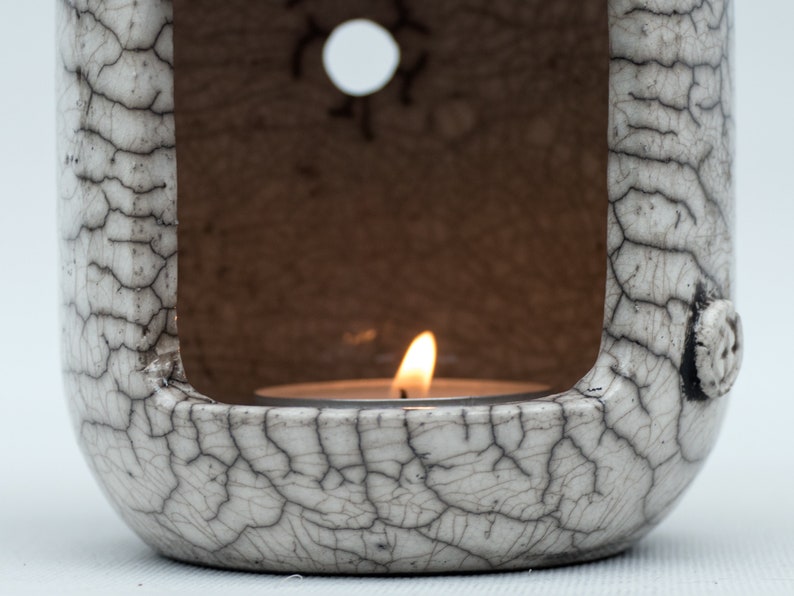 Raku Fired, Essential Oil Burner, Ceramic Handmade, White Crackled, Oil Warmer, Oil Diffuser, Wax Melter, One of a kind, Aromatherapy. image 7