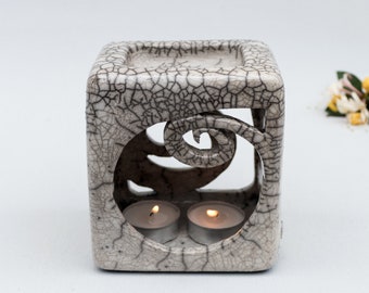 Essential Oil Burner, Ceramic Handmade, Raku Fired, White Crackled, Oil Warmer, Oil Diffuser, Wax Melter, One Of A Kind, Spiral Aromatherapy