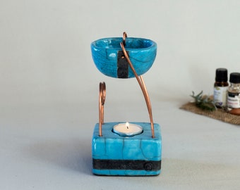 Essential Oil Diffuser, Oil Burner, Oil Warmer, Wax Melter, Ceramic Handmade, Raku Fired, Blue Black Smoked, One of a kind, Aromatherapy.