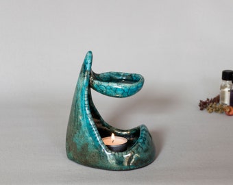 Ceramic Handmade, Blue Turquoise Green, Raku Fired, One Of A Kind, Essential Oil burner, Oil warmer, Oil diffuser, Wax melter, Aromatherapy.