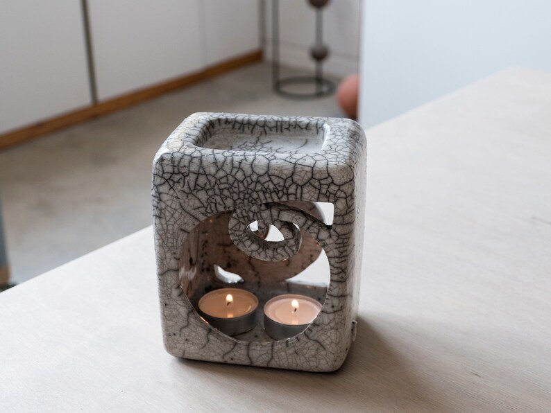Essential Oil Burner, Ceramic Handmade, Raku Fired, White Crackled, Oil Warmer, Oil Diffuser, Wax Melter, One Of A Kind, Spiral Aromatherapy image 10