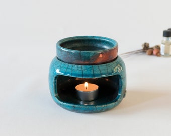 Ceramic Handmade, Essential Oil Burner, Raku Fired, Blue Bronze Crackled, Oil Warmer, Oil Diffuser, Wax Melter, One of a kind, Aromatherapy.