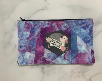 Snarky zipper pouch - you should smile more, possum pouch, make up pouch, pencil pouch, hand dyed fabric pouch, feminist zipper pouch