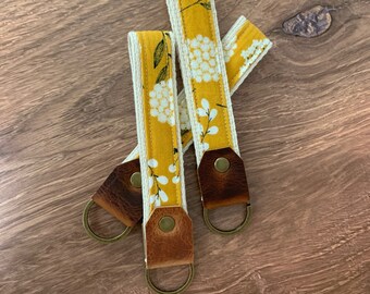 Key fob with leather accent, keychain with leather accent, floral keychain