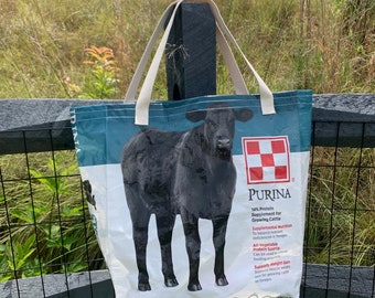 Feed bag tote, heavy duty tote bag, upcycled tote bag, cow tote