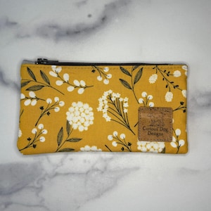 Yellow floral zipper pouch, cosmetic pouch, coin pouch, small item storage