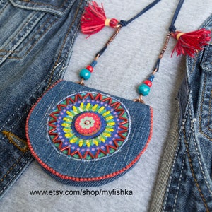 Denim Amulet bag,Beaded Medicine pouch,Coin purse necklace,Travel Neck wallet,Boho Textile Jewelry & Accessories