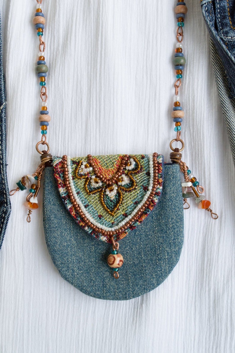 Boho denim purse necklaceBeaded amulet bag necklaceTextile Etsy