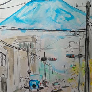 May include: A watercolor painting of a street scene in Japan with Mount Fuji in the background. The street is lined with buildings and there are cars driving on the road. The sky is blue and there are clouds in the sky.