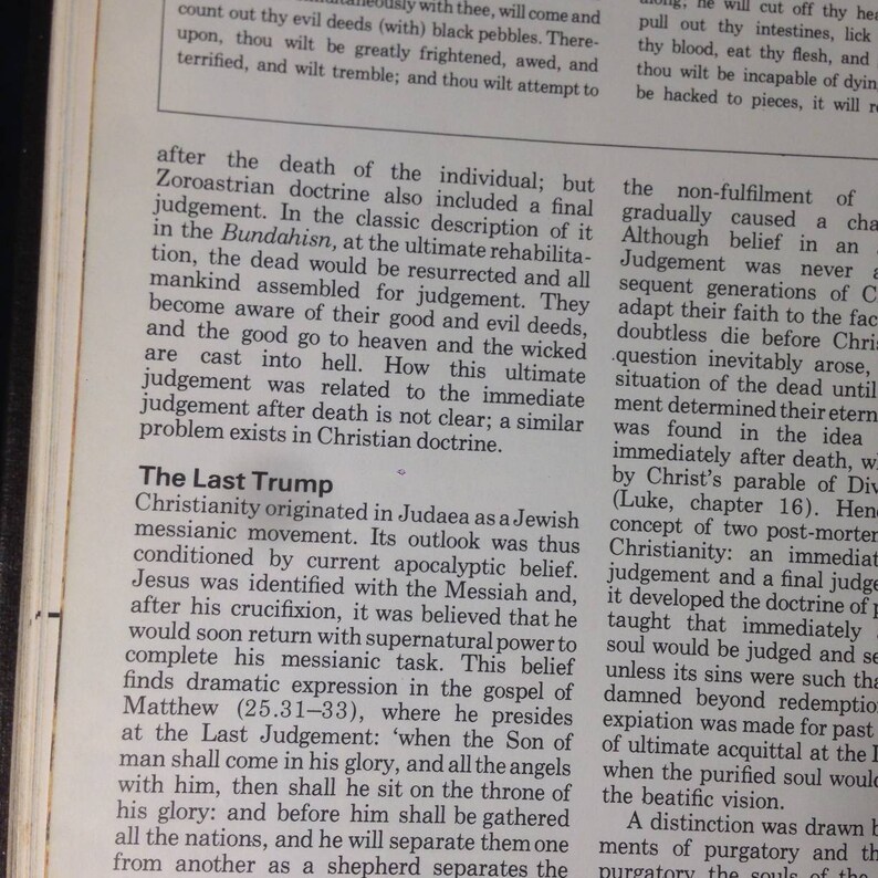 May include: A black and white page of text from a book about the Last Trump in Christianity. The text discusses the origins of Christianity in Judaea as a Jewish messianic movement and the concept of the Last Judgement.