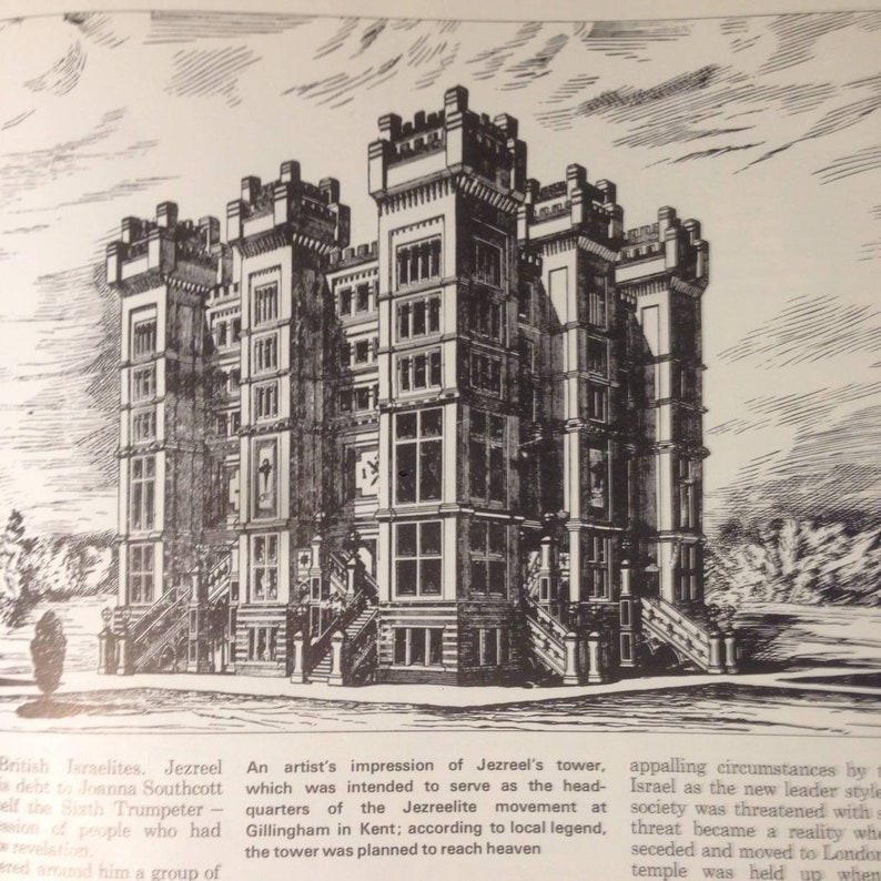 May include: A black and white illustration of a large, multi-story building with a tower. The building has a castle-like appearance with turrets and pointed windows. The illustration is titled "Jezreel's Tower" and is described as an artist's impression of the tower.