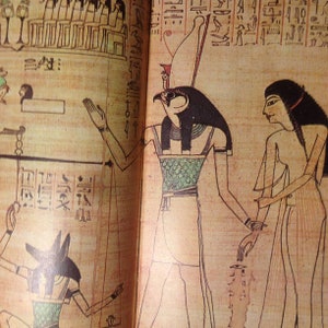 May include: An ancient Egyptian papyrus scroll depicting a scene with three figures. A figure with a falcon head and a human body is standing with outstretched arms. A woman with long dark hair is standing to the right of the figure. A third figure with a jackal head and a human body is partially visible in the lower left corner of the image. The scroll is covered in hieroglyphs.