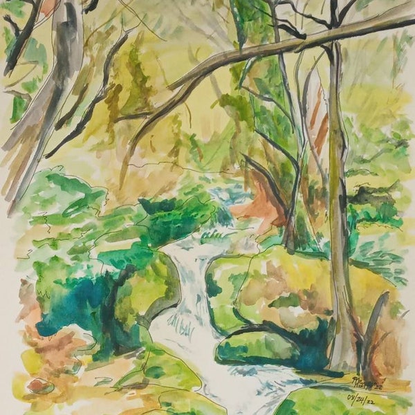 A Watercolor Painting Study (Painting Practice/Quick Painting);landscape painting;forest;shinrin yoku;shinrin-yoku;stream;painting study