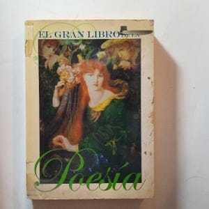 May include: A vintage book cover with a painting of a woman playing a harp. The title of the book is "El Gran Libro De La Poesía" in green lettering.