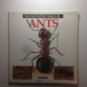 May include: The cover of a book titled "The Fascinating World of... Ants". The cover features a close-up illustration of a red ant with a black abdomen. The ant is shown in a 3D perspective, with its legs and antennae extending out towards the viewer. The book is published by Barron's.