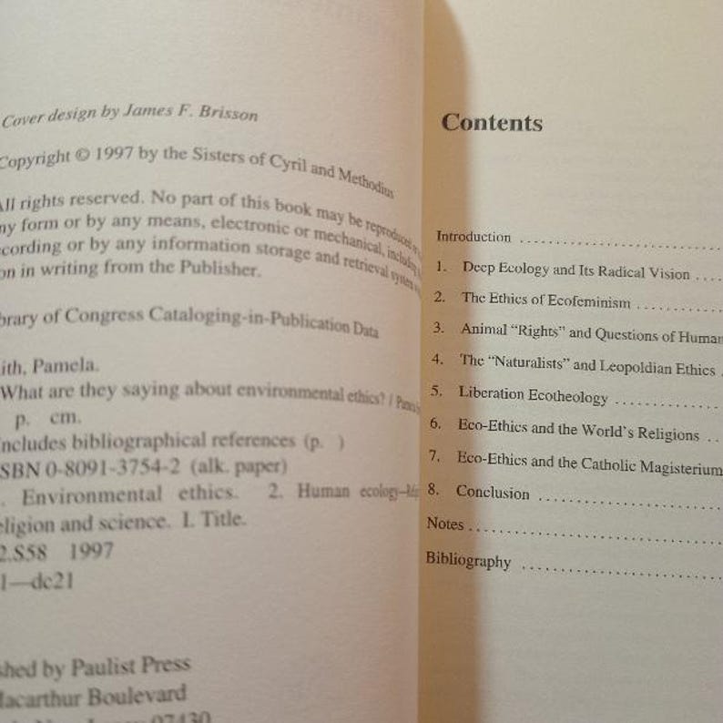 A Vintage 1990 Book:environmental Ethics by Pamela Smith;paulist Press ...