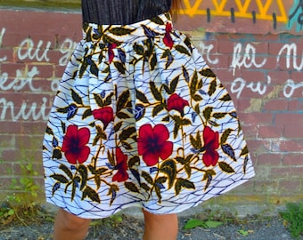 Pleated skirt in hibiscus flower wax print / long skirt, midi skirt, summer skirt, red skirt, colorful skirt, skirt with pockets, skirt
