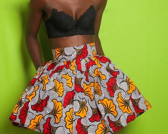 Pleated skirt in wax print wedding flowers / pleated skirt, floral skirt, short skirt, wax skirt, summer skirt, colorful wax skirt