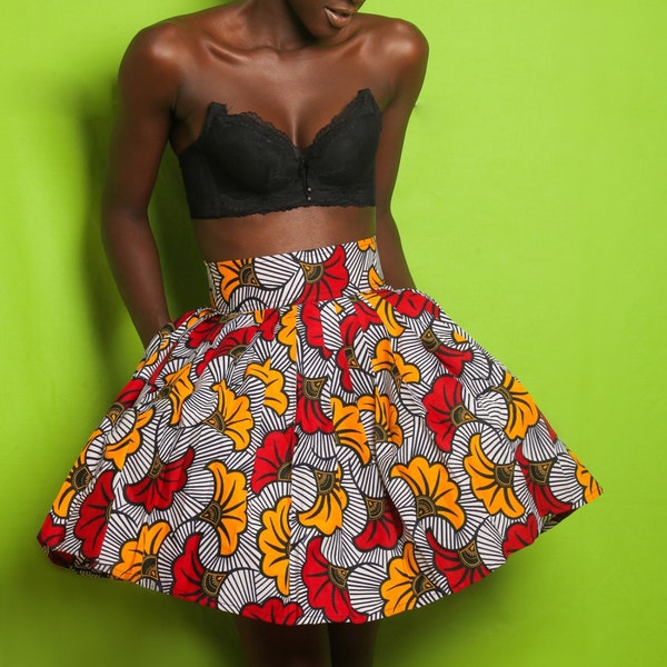 Pleated skirt in wedding flower wax print / pleated skirt, flower skirt, short skirt, wax skirt, summer skirt, colorful wax skirt