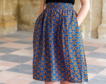 Kadi midi skirt in blue wax, geometric orange