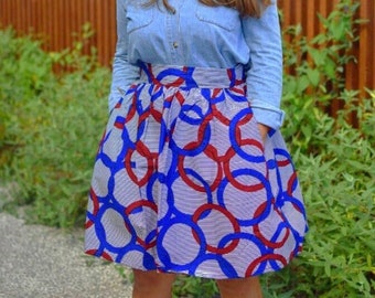 Blue olympe wax print pleated skirt / wax pleated skirt, midi skirt, wax skirt, skirt with pockets, colorful skirt, women's clothing skirt, skirt