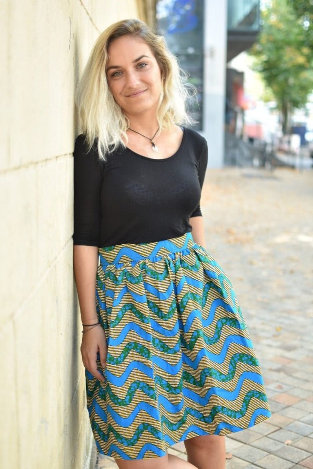 Jupe pliss?�e Rama -imprim?� wax bleu, vert / jupe en wax, jupe longue, jupe midi, jupe d'?�t?� 