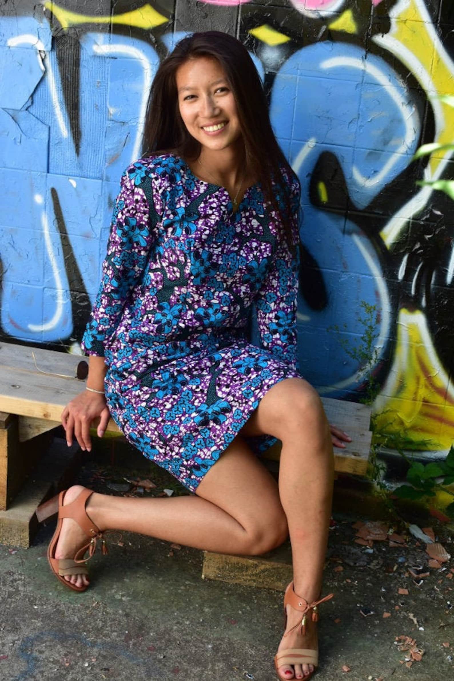 Robe droite en wax bleu manches trois quart robe femme Etsy