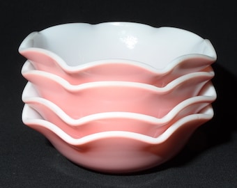 Set of 4 HAZEL ATLAS Crinoline Pink bowl cereal bowl milk glass White Milk glass Vintage ruffled edge ruffle ripple