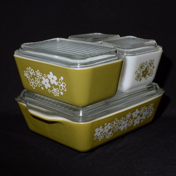 PYREX Spring Blossom Full set Fridgie lid Vintage Pyrex Set refrigerator dish fridge Pyrex Refrigerator Set 501 502 503 8 p cGreen Daisy